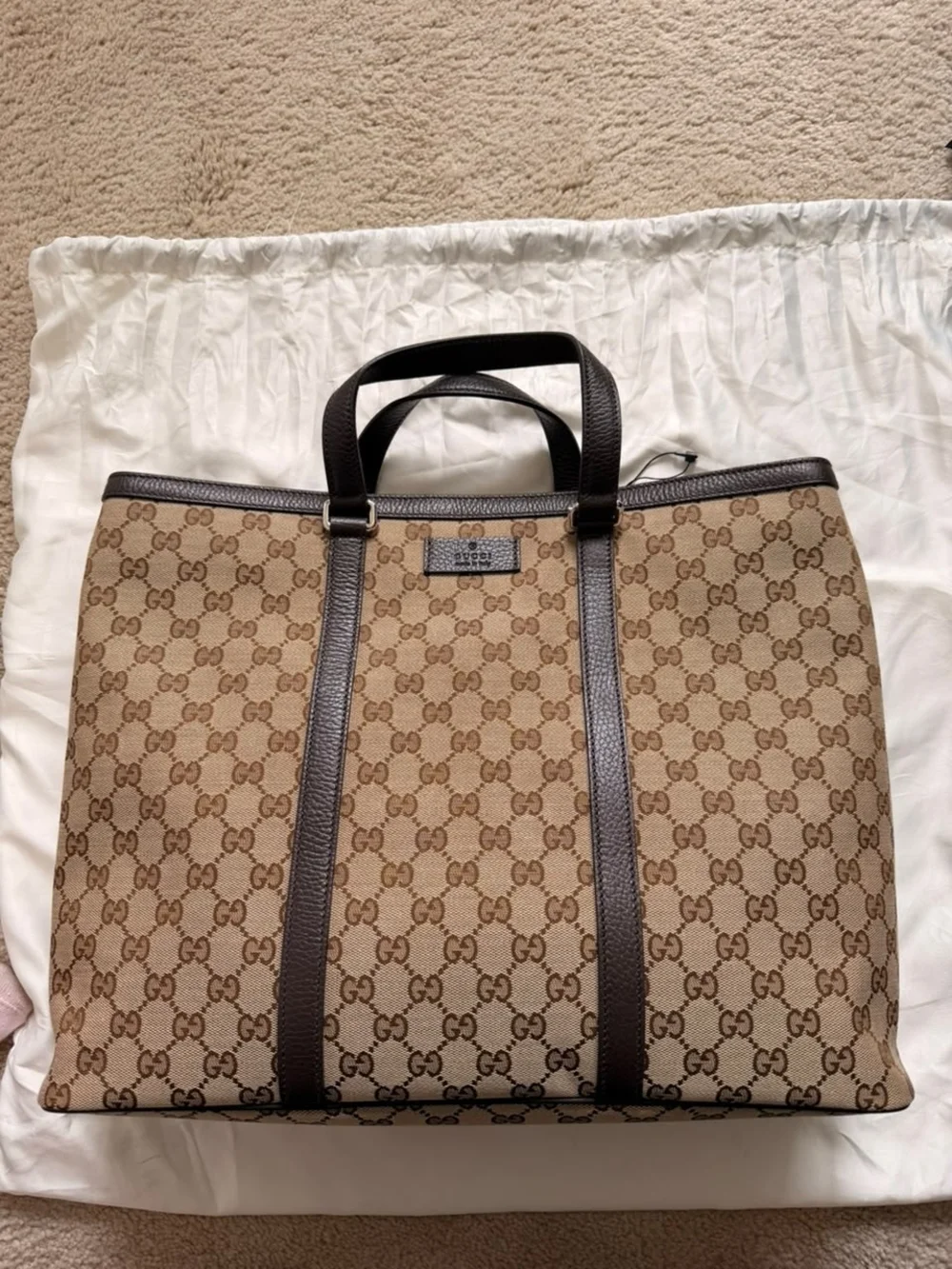 Gucci Brown Beige GG Canvas Tote with Dark Brown Leather Trim